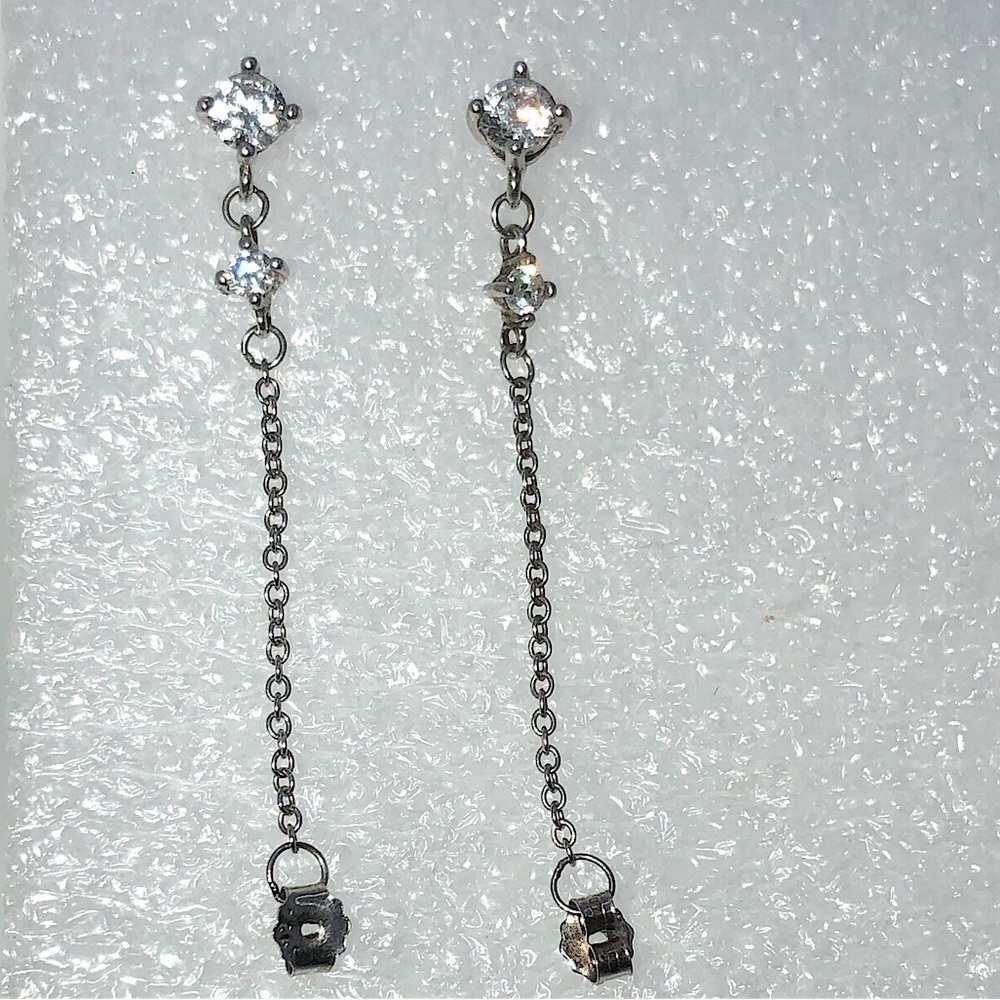 STERLING Silver & Cz Stones Stud Earrings w Chain Attached to Backing .7”